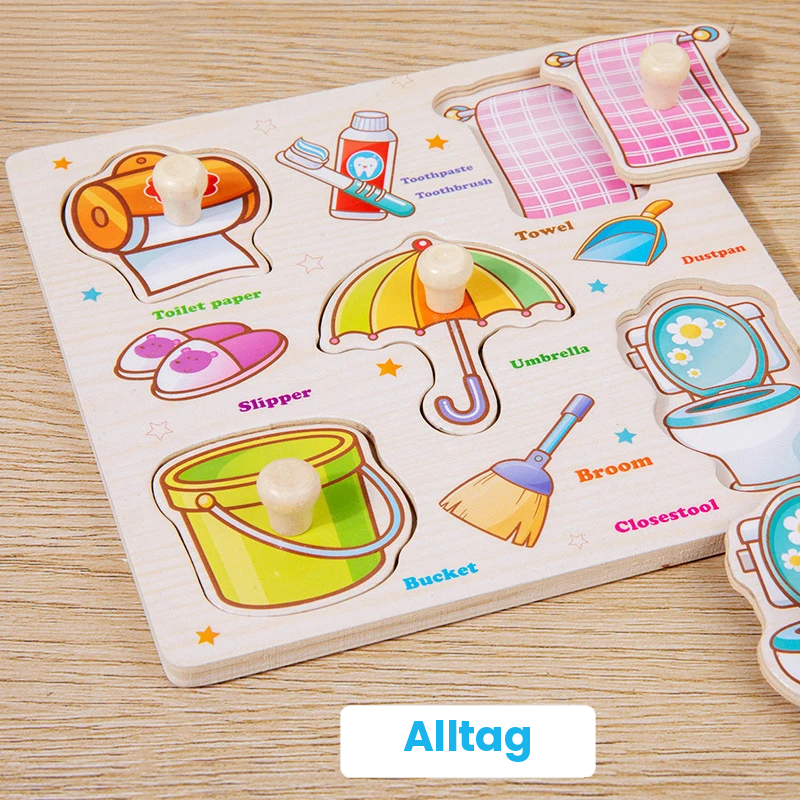 Alltag-Holzpuzzle mit kindgerechten Motiven