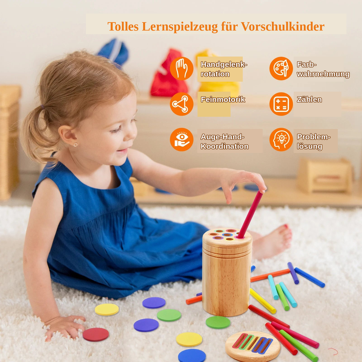 Montessori Farben-Sortierspiel aus Holz – Produktansicht