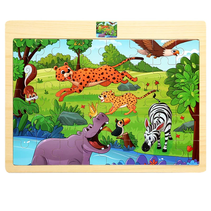 Montessori Holzpuzzle mit kindgerechten Lernmotiven