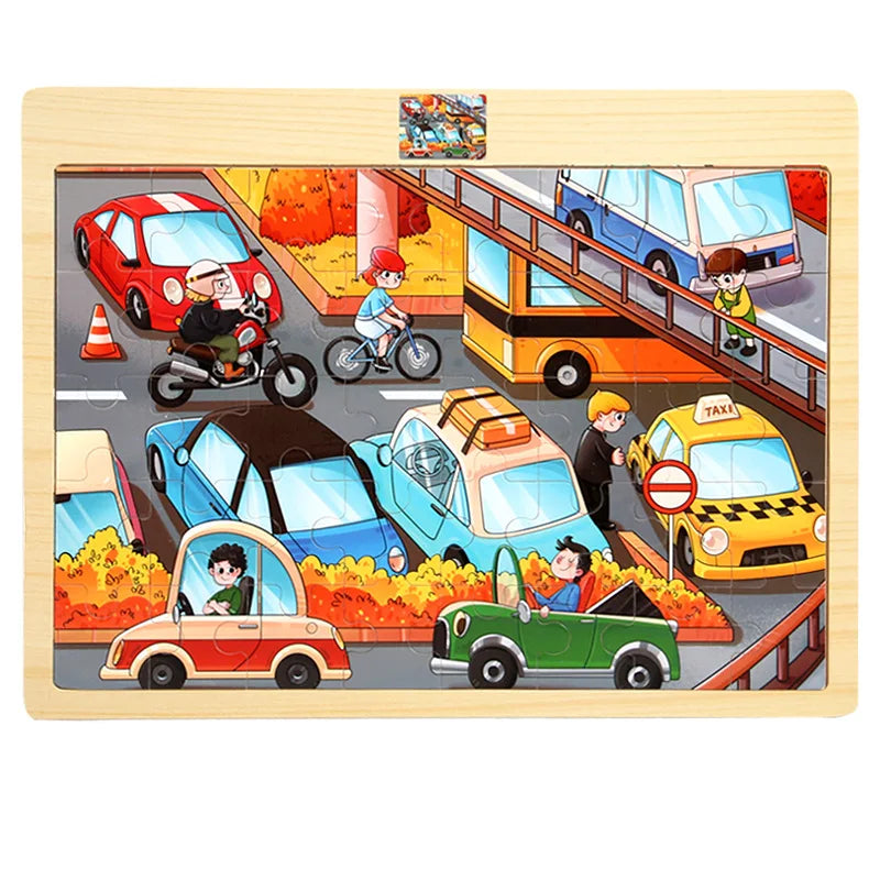 Buntes Holzpuzzle zum Zuordnen von Formen und Motiven