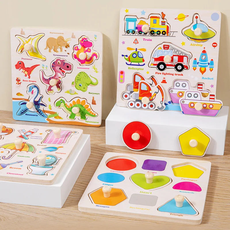 Holzpuzzle mit verschiedenen Lernmotiven für Kinder