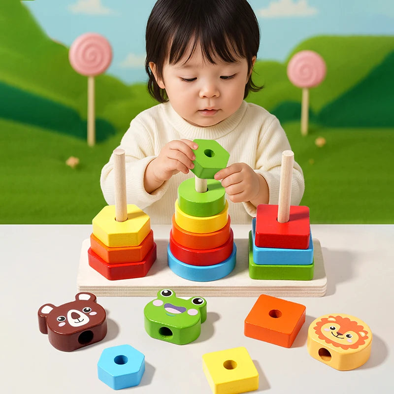 Montessori Stapelspielzeug aus Holz – Formen & Farben sortieren