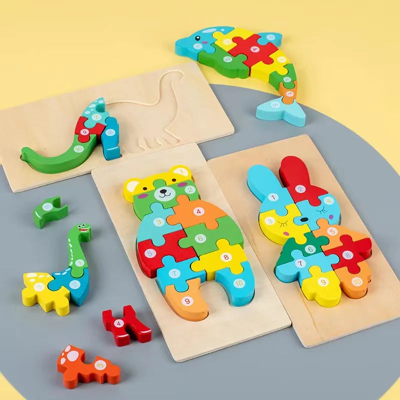 Montessori 3D-Motivpuzzle aus Holz – Tiere & Fahrzeuge spielerisch entdecken