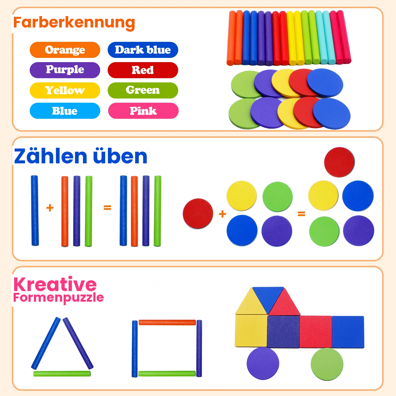 Lernspiel zum Erkennen von Farben, Mengen und Formen