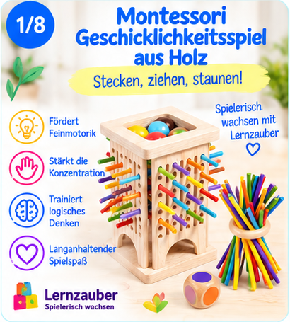 Infografik: Holzturm mit Stäbchen, Kugeln, Holzring und Würfel