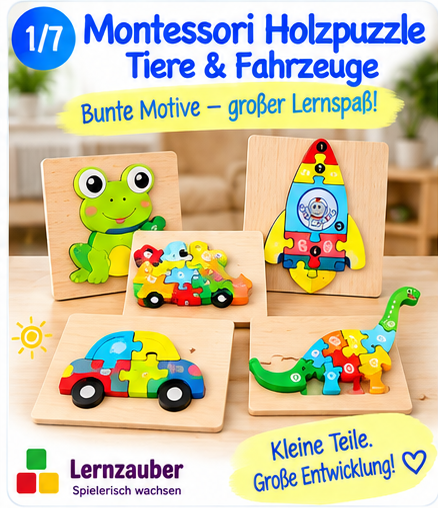 Montessori Holzpuzzle – Tiere & Fahrzeuge – Produktbild 1